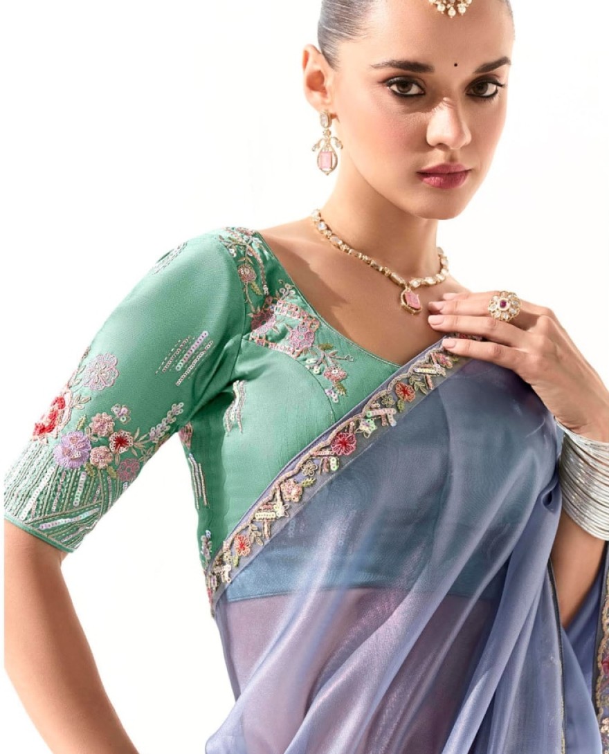 2217 - Mesmerizing Dusty Blue Border Work Tissue Silk Engagement Wear Saree